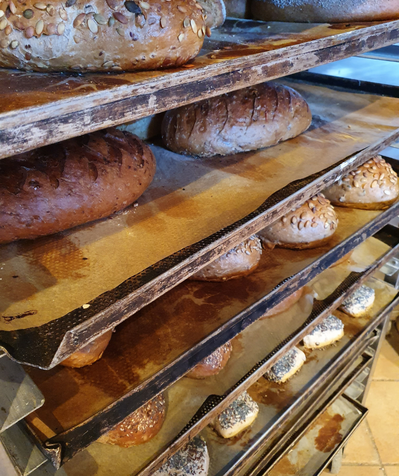 Selbstgemachte Brote wie Roggenbrot oder Kürbiskernbrot gibt es in der hofeigenen Bäckerei.