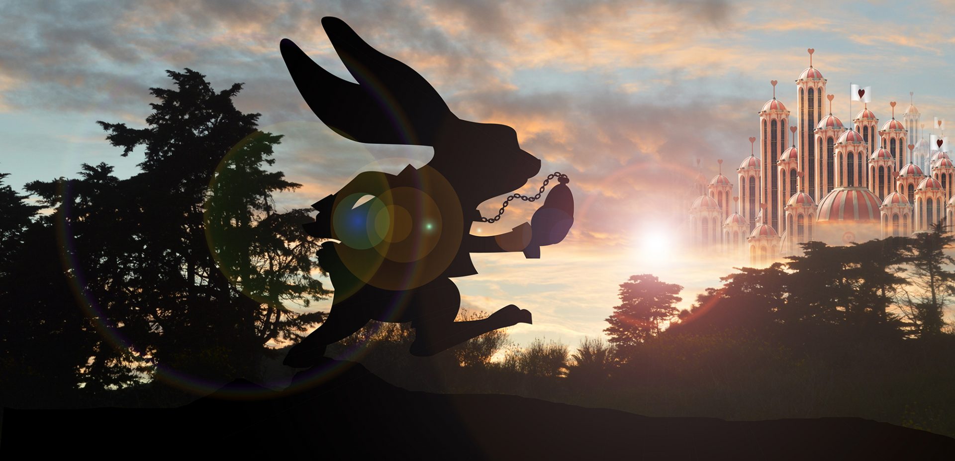 Fantasiebild mit Hase Benny Bunny und Märchen-Schloss aus der Welt von Alice im Wunderland.