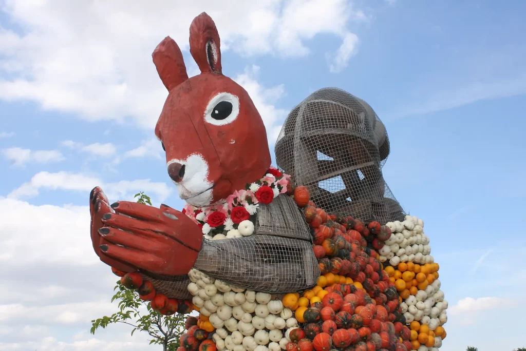 Eine große Eichhörnchen-Figur aus Kürbissen gibt es auf der Kürbisschau auf dem Krewelshof zu besichtigen.