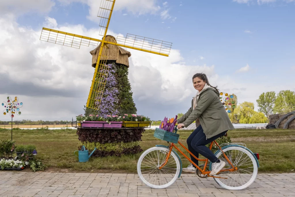 Bibi Bieger radelt mit Tulpen im Fahrradkorb an einer blumigen Windmühle vorbei.