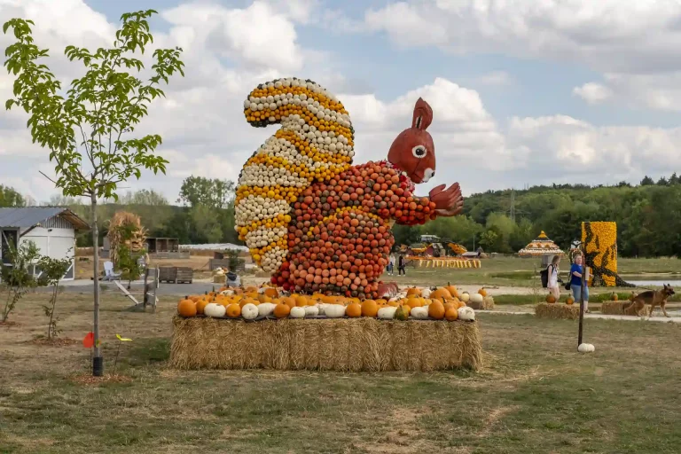 Eichhörnchen-Figur aus Kürbissen auf der Krewelshofer Kürbisschau von der Seite.