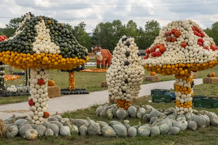 Pilz- und Fuchsfigur aus Kürbissen auf unserer Kürbisschau.