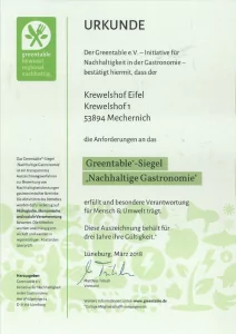 Krewelshof erhält Greentable-Siegel "nachhaltige Gastronomie".