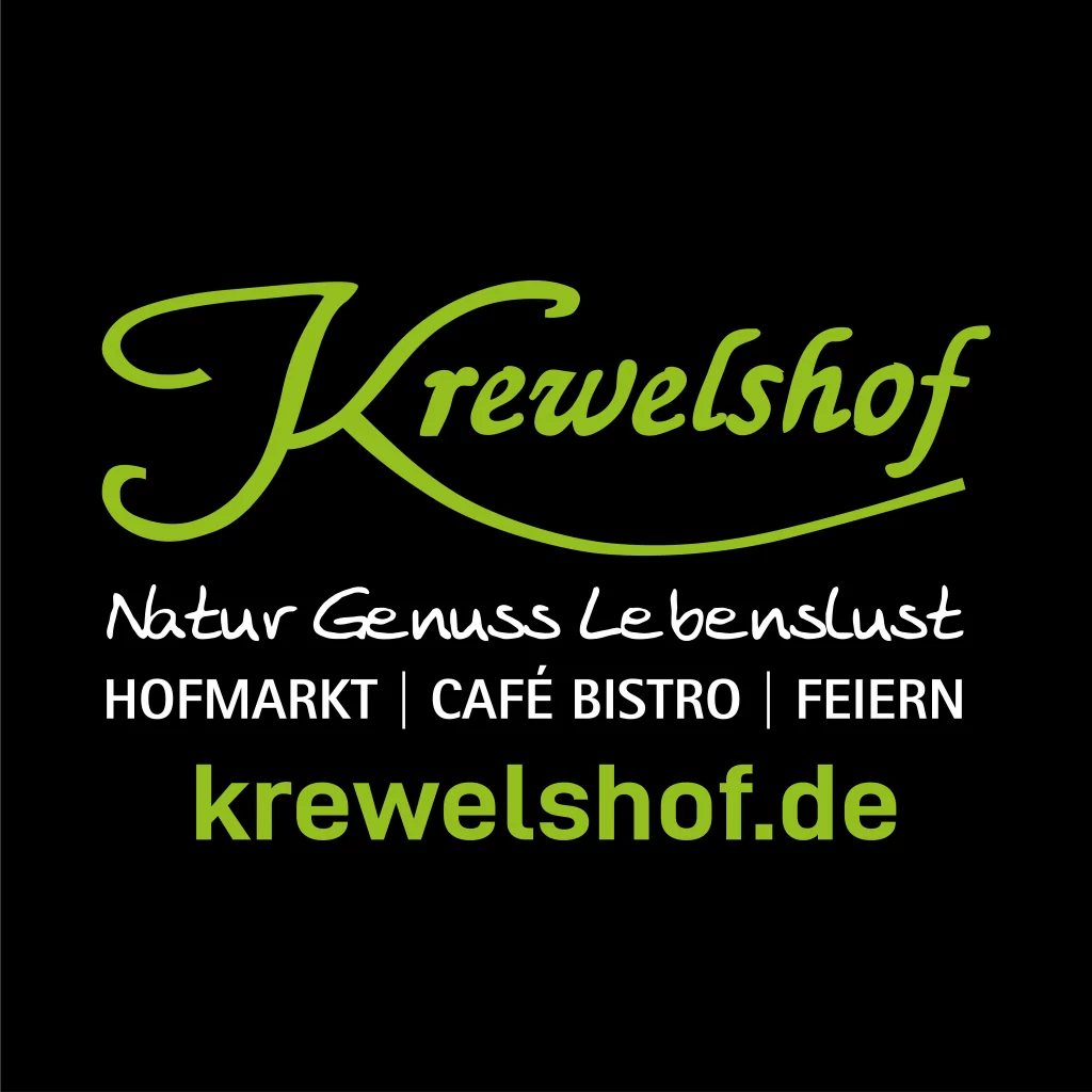 Logo Krewelshof mit der Aufschrift "Hofmarkt, Café Bistro und Feiern".